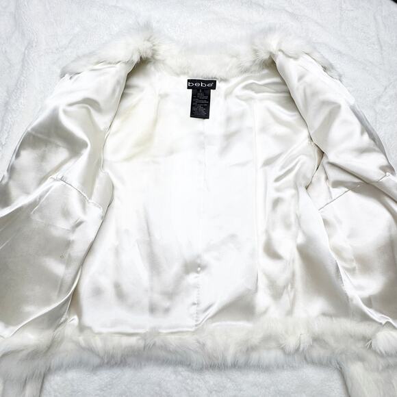 BEBE Ivory Cream Rabbit Fur Cropped Zip-up Jacket Lined Coat size Small - Picture 6 of 13